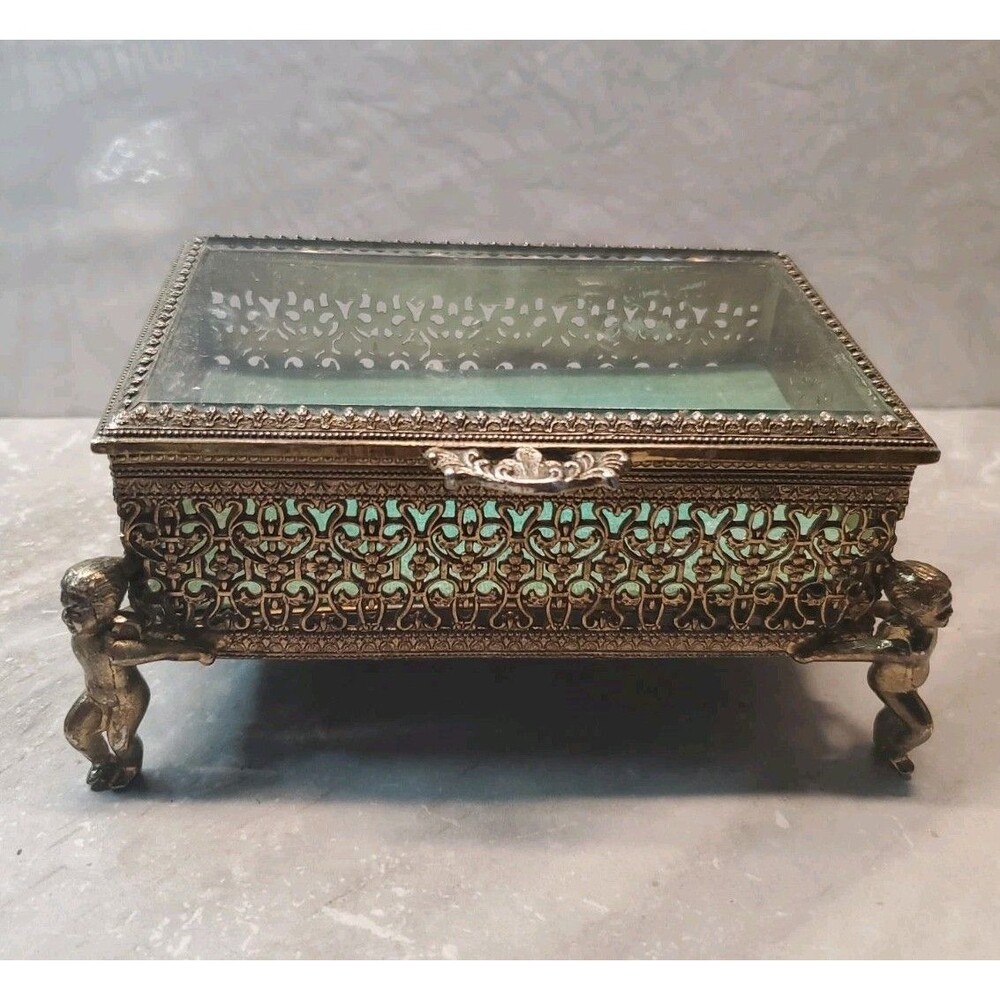Antique Ormolu Gold Filigree Jewelry Casket Box Beveled Glass Velvet Cherub